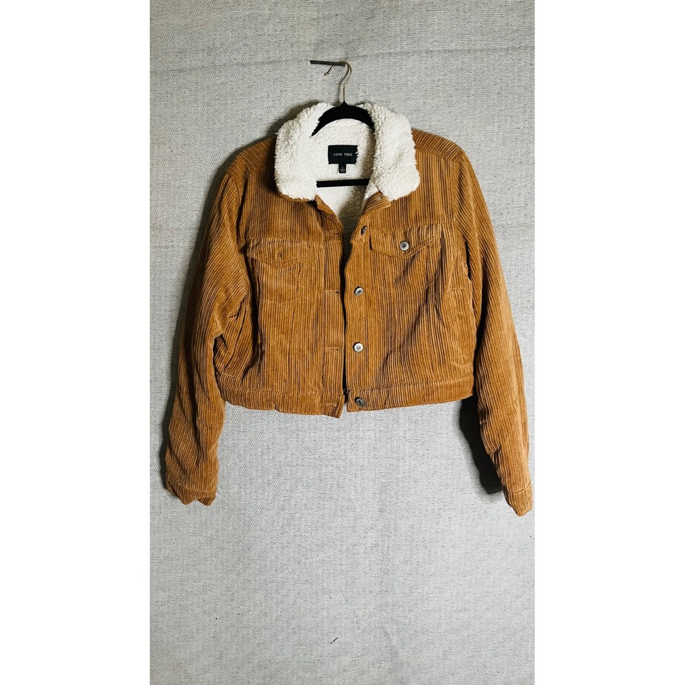 Love Tree Camel Brown Corduroy Faux Shearling Lined Cropped Trucker Jacket Large
